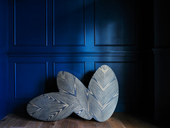 Cool designed Sizzle 3 leaning against an indigo blue wall
