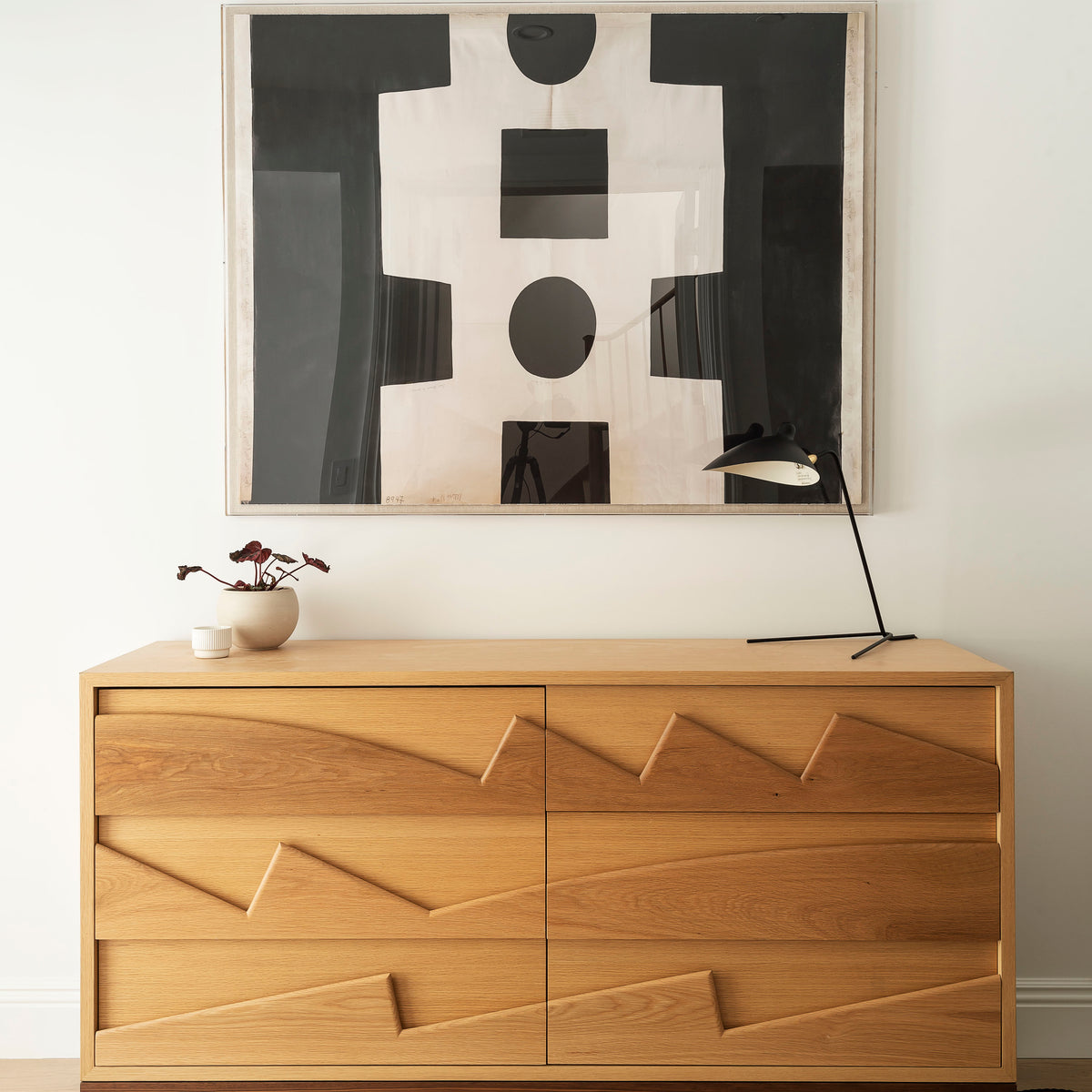 Modern Carved Pull Dresser White Oak and Walnut Finish