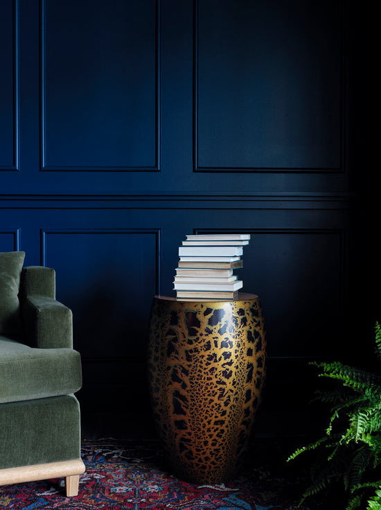 Stack of books on a leopard print karma side table against a dark blue wall.
