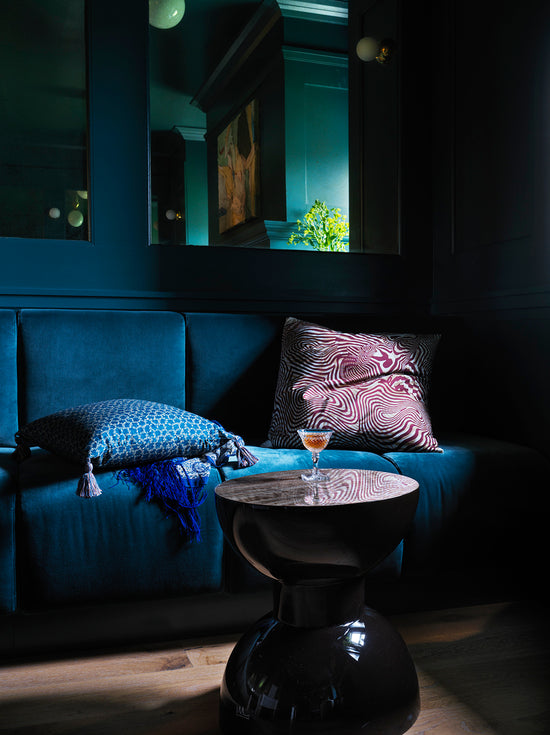 Modern Ink High Gloss Lacquer and walnut Finish Morocco Side Table staged in a living room setting 