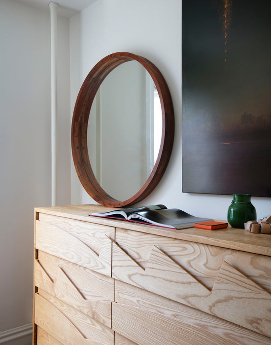 Detailed picture of Modern Carved Pull Dresser White oak finish and items on top of it
