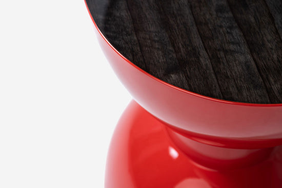 Close up of walnut finished Modern Raspberry Lacquer Morocco 