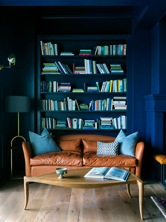 Couch in front of a book shelf with a coffee table 